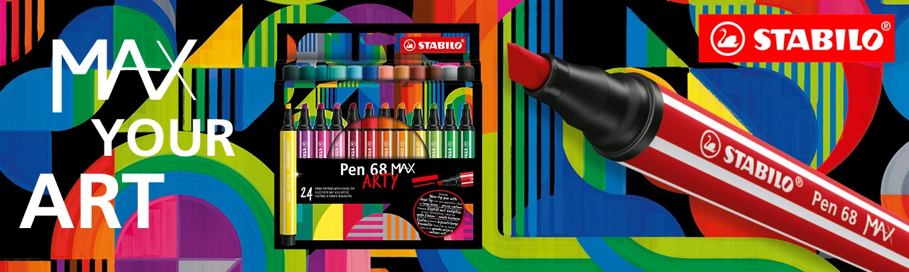 Fotomontage Verpackung und Einzelstift STABILO Pen 68 MAX auf buntem Hintergrund