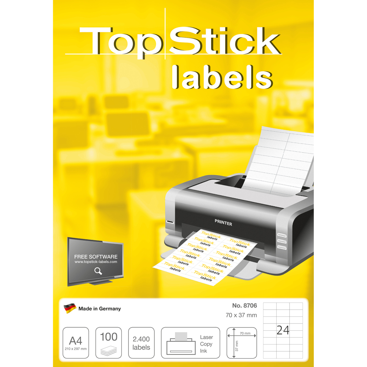 selbstklebend bedruckbar 100 Blatt permanent haftend matt weiß TopStick 8706 Universal Etiketten DIN A4, 70 x 37 mm