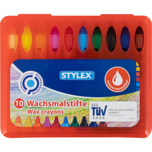 STYLEX Wachsmalstifte - wasservermalbar - in Schiebehülse - 10er Kunststoffbox