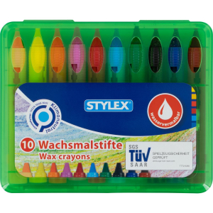 STYLEX Wachsmalstifte - wasservermalbar - in Schiebehülse - 10er Kunststoffbox