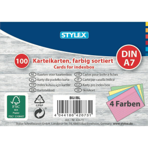 Stylex Karteikarten - DIN A7 - liniert - 4 Farben - 100 Stück